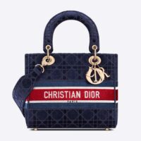 Dior Women Medium Lady D-lite Bag Blue Velvet Cannage Embroidery (1)