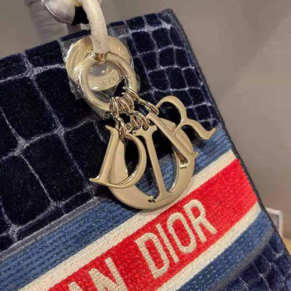Dior Women Medium Lady D-lite Bag Blue Velvet Cannage Embroidery (7)