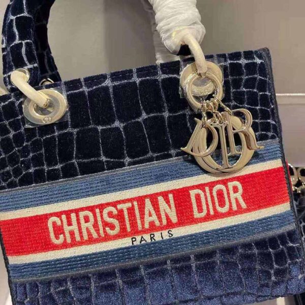 Dior Women Medium Lady D-lite Bag Blue Velvet Cannage Embroidery (8)