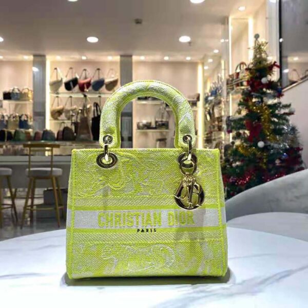 Dior Women Medium Lady D-lite Bag Lime Toile de Jouy Reverse Embroidery (2)