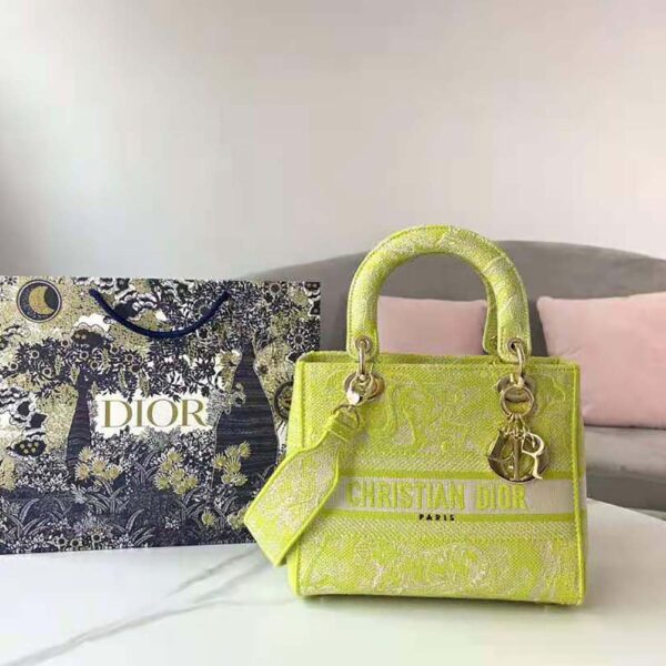Dior Women Medium Lady D-lite Bag Lime Toile de Jouy Reverse Embroidery (3)