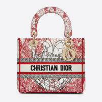 Dior Women Medium Lady D-lite Bag Red and White D-Royaume D Amour Embroidery