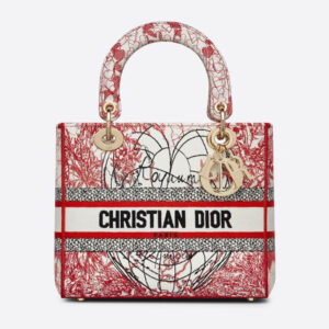 Dior Women Medium Lady D-lite Bag Red and White D-Royaume D Amour Embroidery