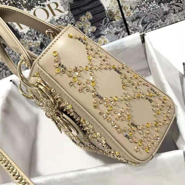 Dior Women Mini Lady Dior Bag Metallic Cannage Calfskin Platinum Beaded Embroidery (10)