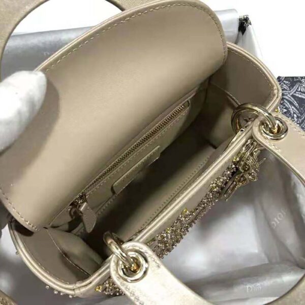 Dior Women Mini Lady Dior Bag Metallic Cannage Calfskin Platinum Beaded Embroidery (2)
