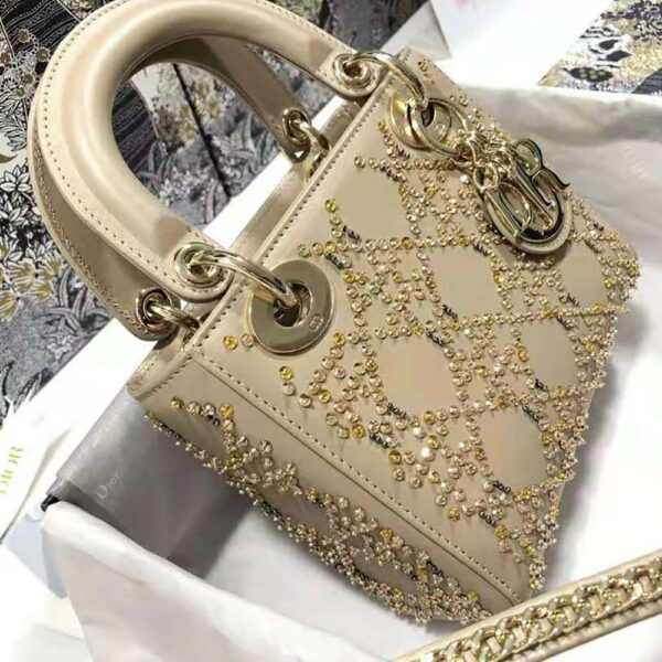 Dior Women Mini Lady Dior Bag Metallic Cannage Calfskin Platinum Beaded Embroidery (5)