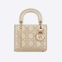 Dior Women Mini Lady Dior Bag Metallic Cannage Calfskin Platinum Beaded Embroidery