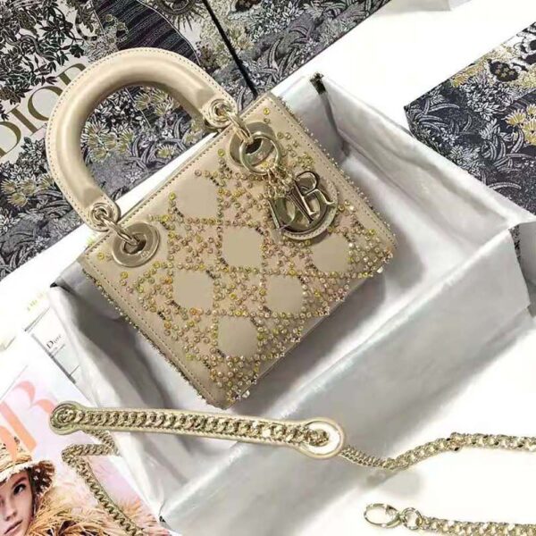 Dior Women Mini Lady Dior Bag Metallic Cannage Calfskin Platinum Beaded Embroidery (8)