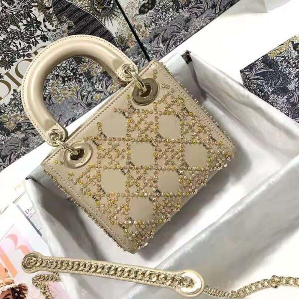 Dior Women Mini Lady Dior Bag Metallic Cannage Calfskin Platinum Beaded Embroidery (9)