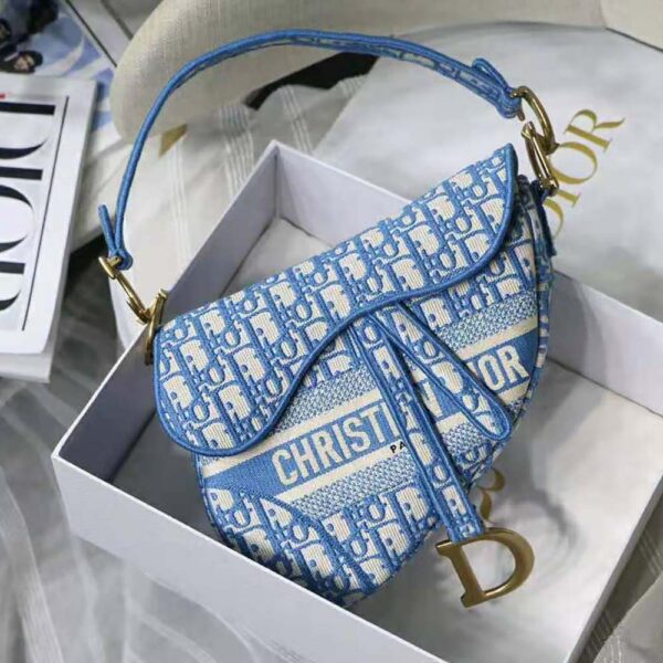 Dior Women Saddle Bag Cornflower Blue Dior Oblique Embroidery (2)