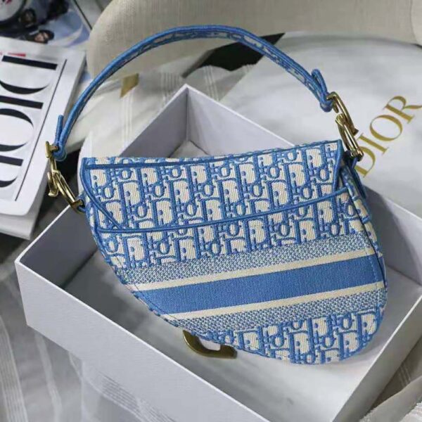 Dior Women Saddle Bag Cornflower Blue Dior Oblique Embroidery (5)