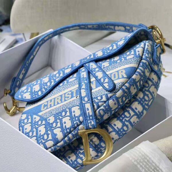 Dior Women Saddle Bag Cornflower Blue Dior Oblique Embroidery (7)