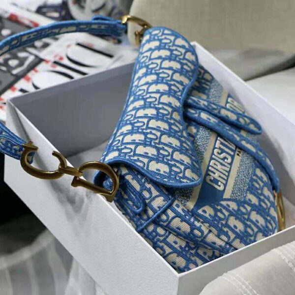 Dior Women Saddle Bag Cornflower Blue Dior Oblique Embroidery (8)
