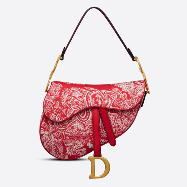 Dior Women Saddle Bag Toile DE Jouy Reverse Jacquard-Red (1)
