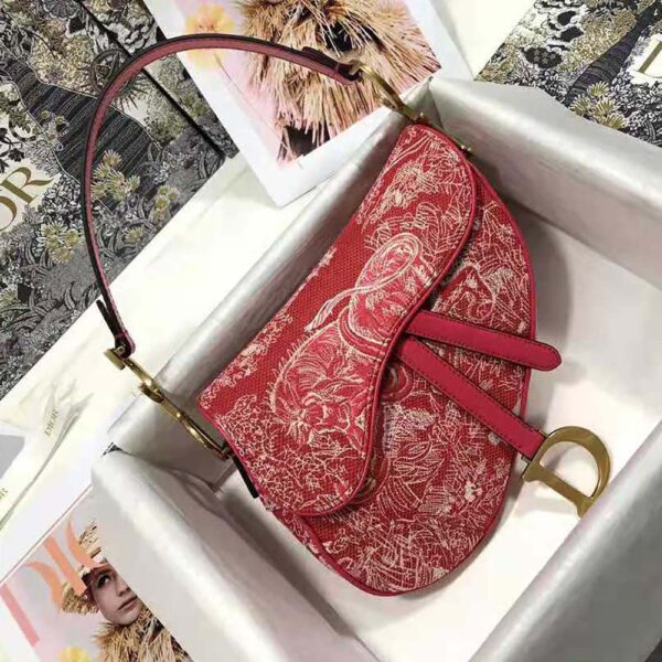 Dior Women Saddle Bag Toile DE Jouy Reverse Jacquard-Red (2)