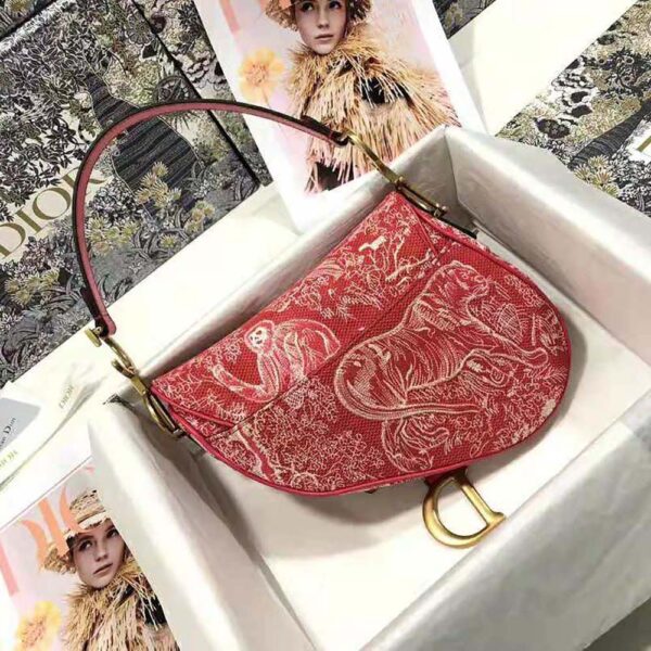 Dior Women Saddle Bag Toile DE Jouy Reverse Jacquard-Red (3)