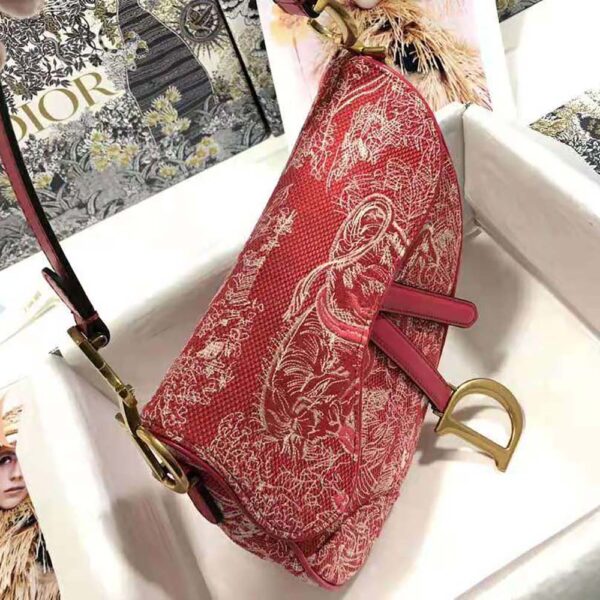 Dior Women Saddle Bag Toile DE Jouy Reverse Jacquard-Red (6)