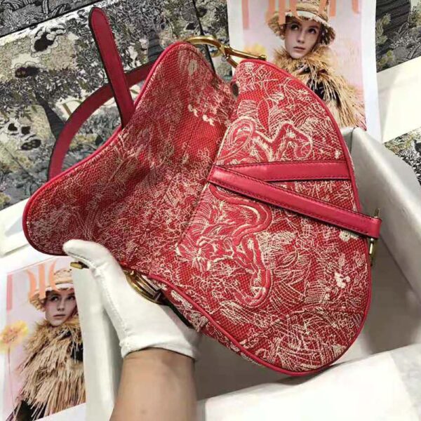 Dior Women Saddle Bag Toile DE Jouy Reverse Jacquard-Red (7)