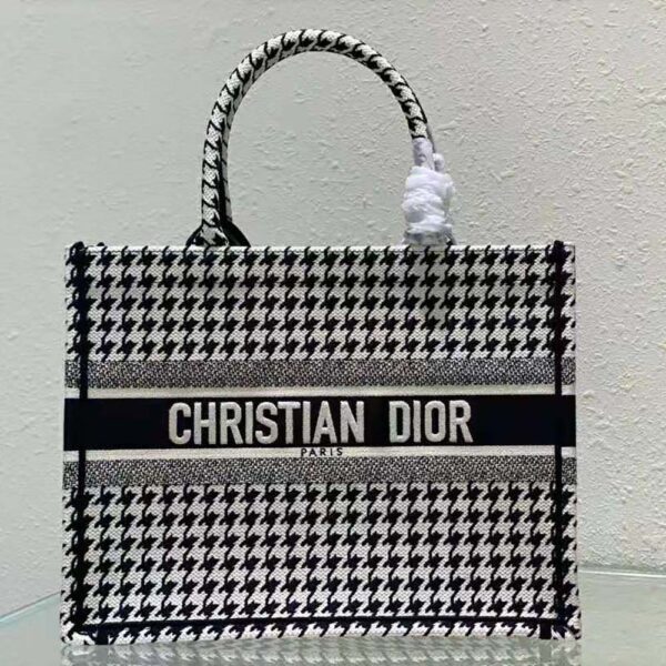 Dior Women Small Dior Book Tote Black and White Houndstooth Embroidery (2)
