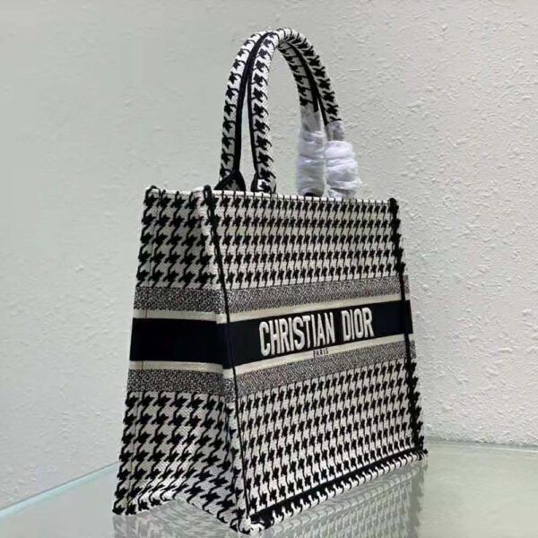 Dior Women Small Dior Book Tote Black and White Houndstooth Embroidery (3)