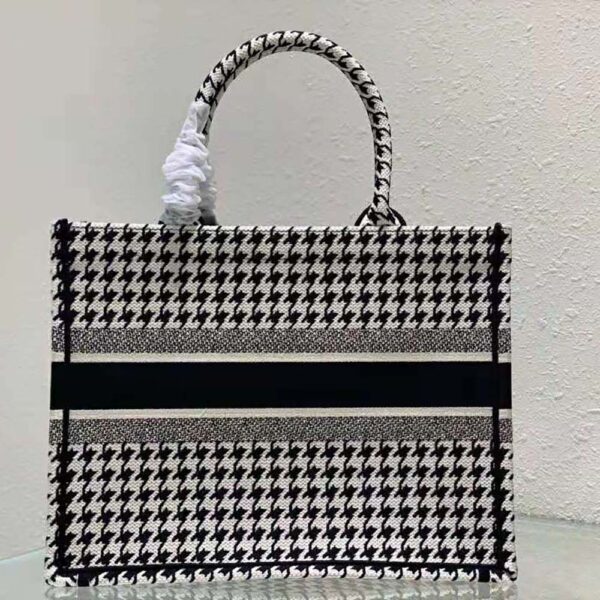 Dior Women Small Dior Book Tote Black and White Houndstooth Embroidery (5)