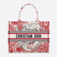 Dior Women Small Dior Book Tote Red and White D-Royaume D Amour Embroidery