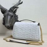 Fendi Women Baguette Chain Midi Light Gray Leather Bag-White - Image 5