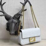 Fendi Women Baguette Chain Midi Light Gray Leather Bag-White - Image 3