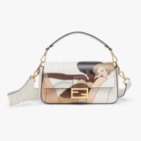 Fendi Women Baguette FF White Glazed Fabric Bag with Inlay (1)