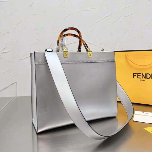 Fendi Women Fendi Sunshine Medium Silver Laminated Leather Shopper (5)