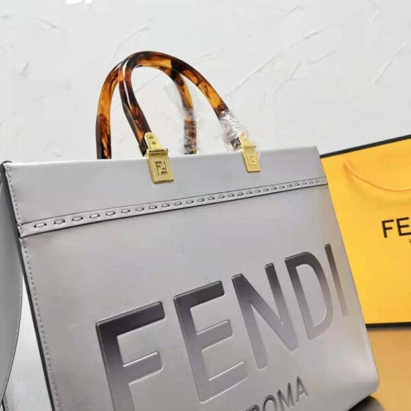 Fendi Women Fendi Sunshine Medium Silver Laminated Leather Shopper (7)
