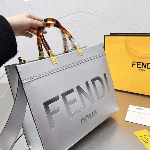 Fendi Women Fendi Sunshine Medium Silver Laminated Leather Shopper (9)