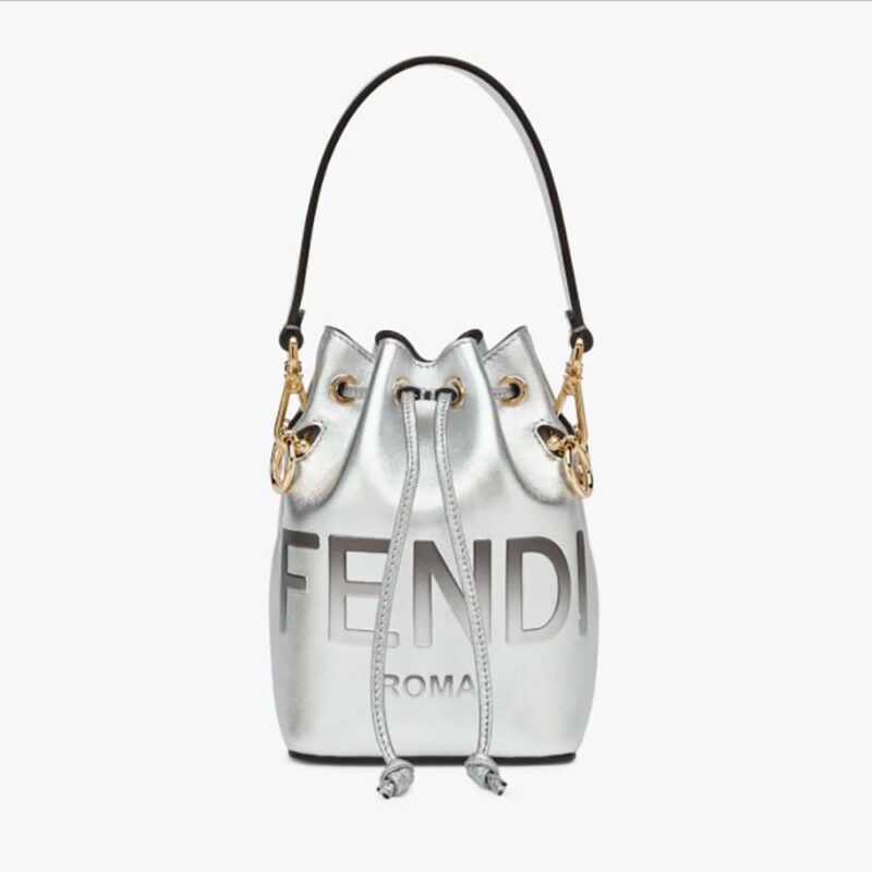 Mini borsa Fendi Mon Tresor in pelle laminata argento da donna