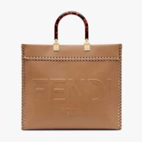 Fendi Women Sunshine Medium Brown Leather Shopper with Decorative Stitching (1)