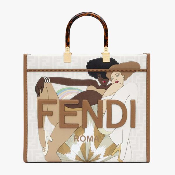 Fendi Women Sunshine Medium FF white Glazed Fabric Shopper with Inlay (1)