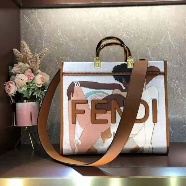 Fendi Women Sunshine Medium FF white Glazed Fabric Shopper with Inlay (10)