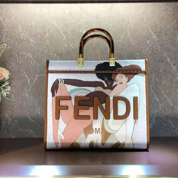 Fendi Women Sunshine Medium FF white Glazed Fabric Shopper with Inlay (2)