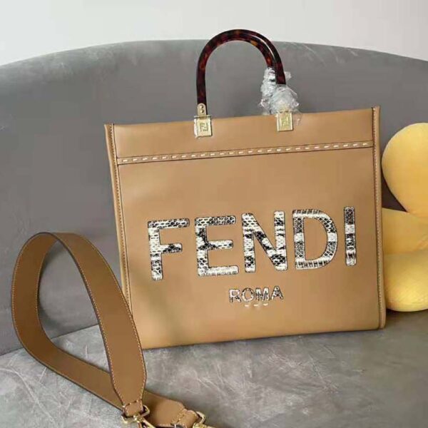 Fendi Women Sunshine Medium Light Brown Leather and Elaphe Shopper Bag (2)