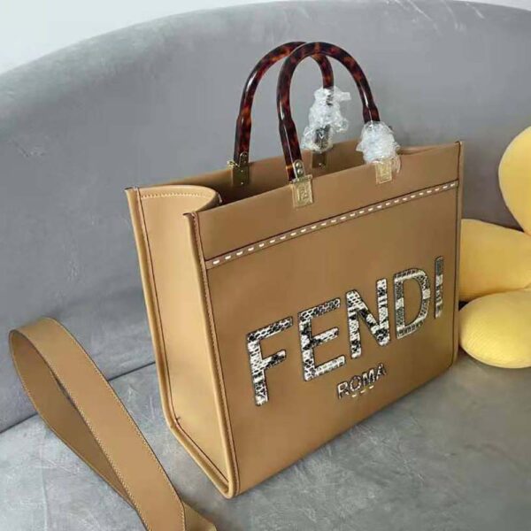 Fendi Women Sunshine Medium Light Brown Leather and Elaphe Shopper Bag (3)