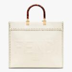 Fendi Women Sunshine Medium White Leather Shopper with Decorative Stitching
