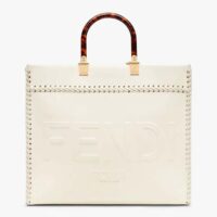 Fendi Women Sunshine Medium White Leather Shopper with Decorative Stitching