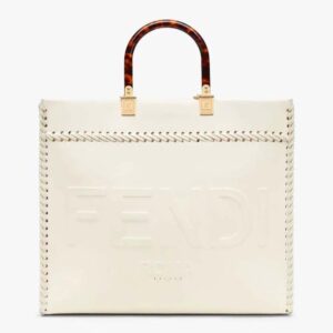 Fendi Women Sunshine Medium White Leather Shopper with Decorative Stitching