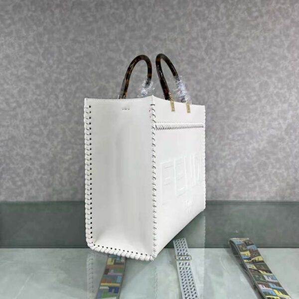 Fendi Women Sunshine Medium White Leather Shopper with Decorative Stitching (3)