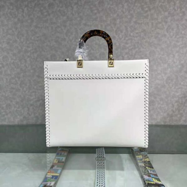 Fendi Women Sunshine Medium White Leather Shopper with Decorative Stitching (4)