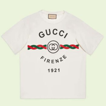 Gucci GG Women Cotton Jersey 'Gucci Firenze 1921' White T-Shirt Crewneck Oversize Fit