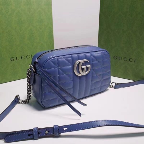 Gucci Unisex GG Marmont Matelassé Shoulder Bag Blue Matelassé Leather Double G (10)
