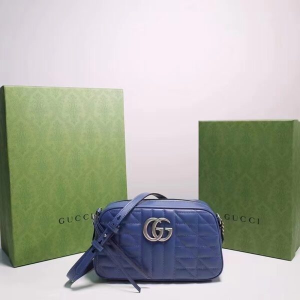 Gucci Unisex GG Marmont Matelassé Shoulder Bag Blue Matelassé Leather Double G (4)