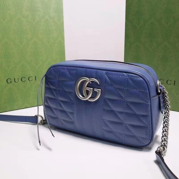 Gucci Unisex GG Marmont Matelassé Shoulder Bag Blue Matelassé Leather Double G (7)