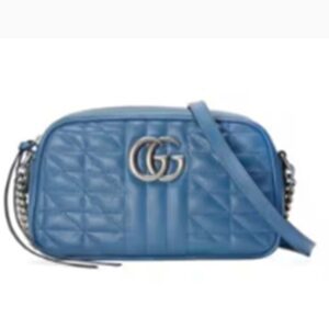Gucci Unisex GG Marmont Matelassé Shoulder Bag Blue Matelassé Leather Double G