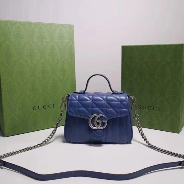 Gucci Unisex GG Marmont Mini Top Handle Bag Blue Matelassé Leather Double G (1)